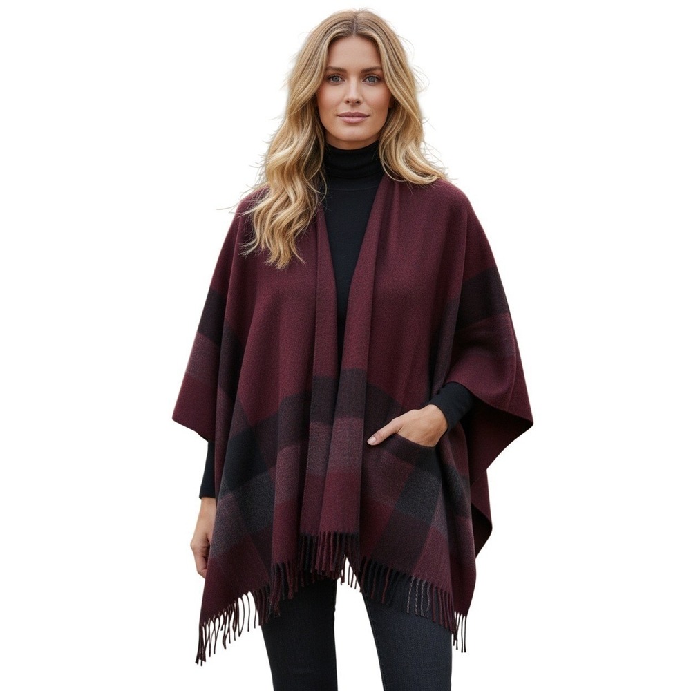 RHEA Cozy Burgundy Southwestern Plaid Fringe Ruana Poncho‎ Wrap NWT L/XL Boho